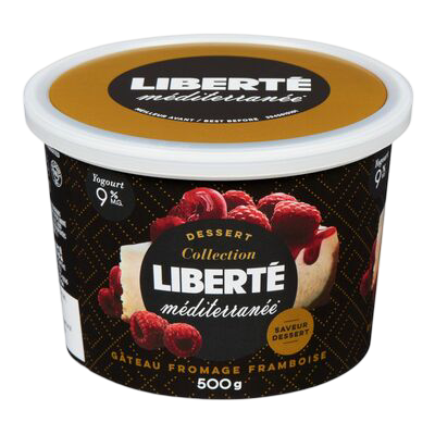 Yogourt à saveur de gâteau au fromage et framboises 9 %, Méditerranée (500 G)